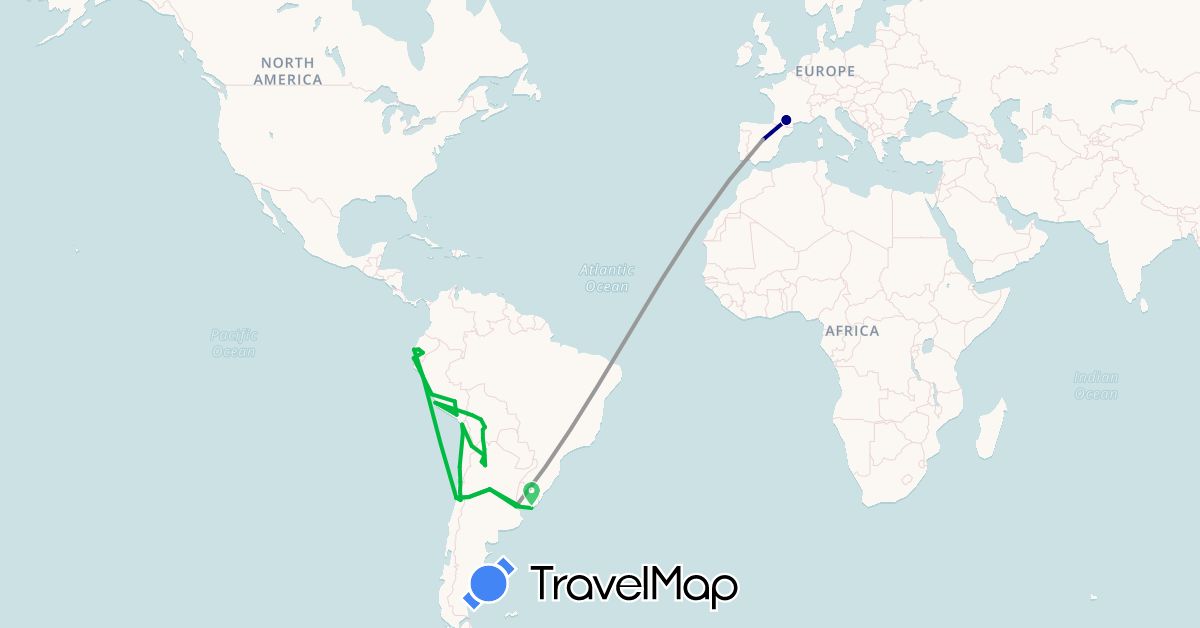 TravelMap itinerary: driving, bus, plane, boat in Argentina, Bolivia, Chile, Ecuador, Spain, France, Peru, Uruguay (Europe, South America)